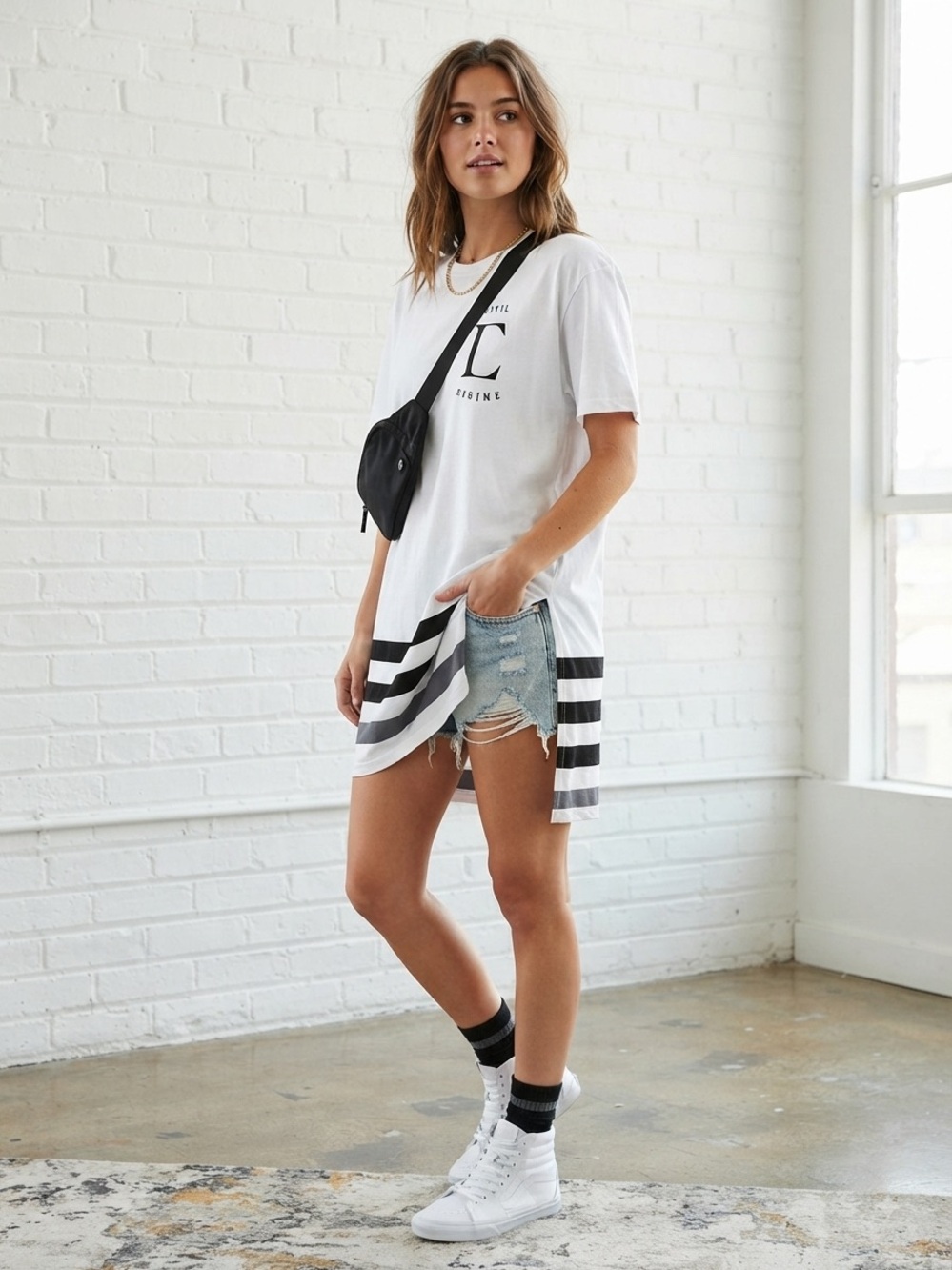 White Short Sleeve Graphic Tee with Black Stripe Hem - Women
